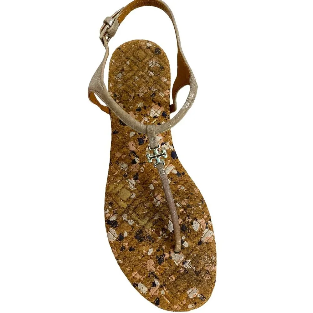 TORY BURCH Marion Confetti Quilted T-Strap Sandals‎ Women 6M Silver Logo Shoes